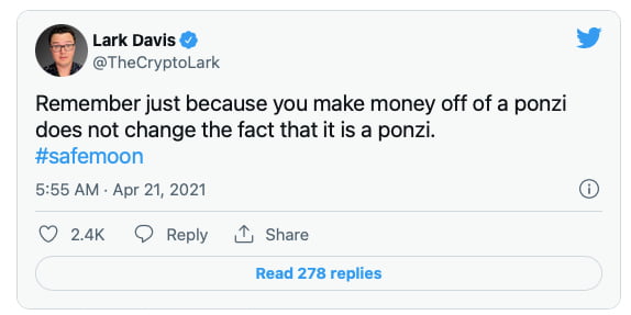 Lark Davies have cautioned other investors to not take overnight cash making crypto protocols as battle tested investment portfolio because they could be as good as a ponzi scheme even if they do not go bankrupt overnight. However, the fall is imminent in the future like Squid Token 