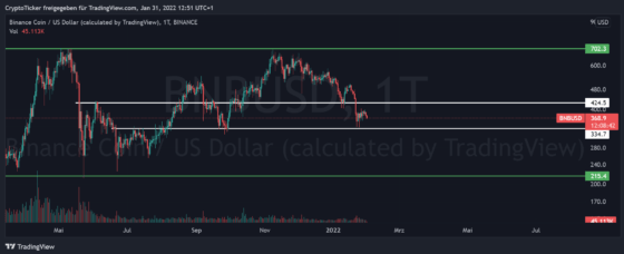 Binance coin price - BNB/USD 1-day chart showing the support levels of BNB