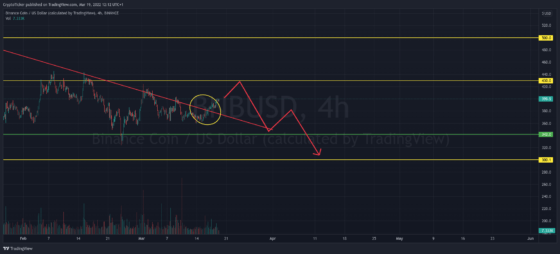 BNB/USD 1-day chart showing the scenario of falling BNB prices