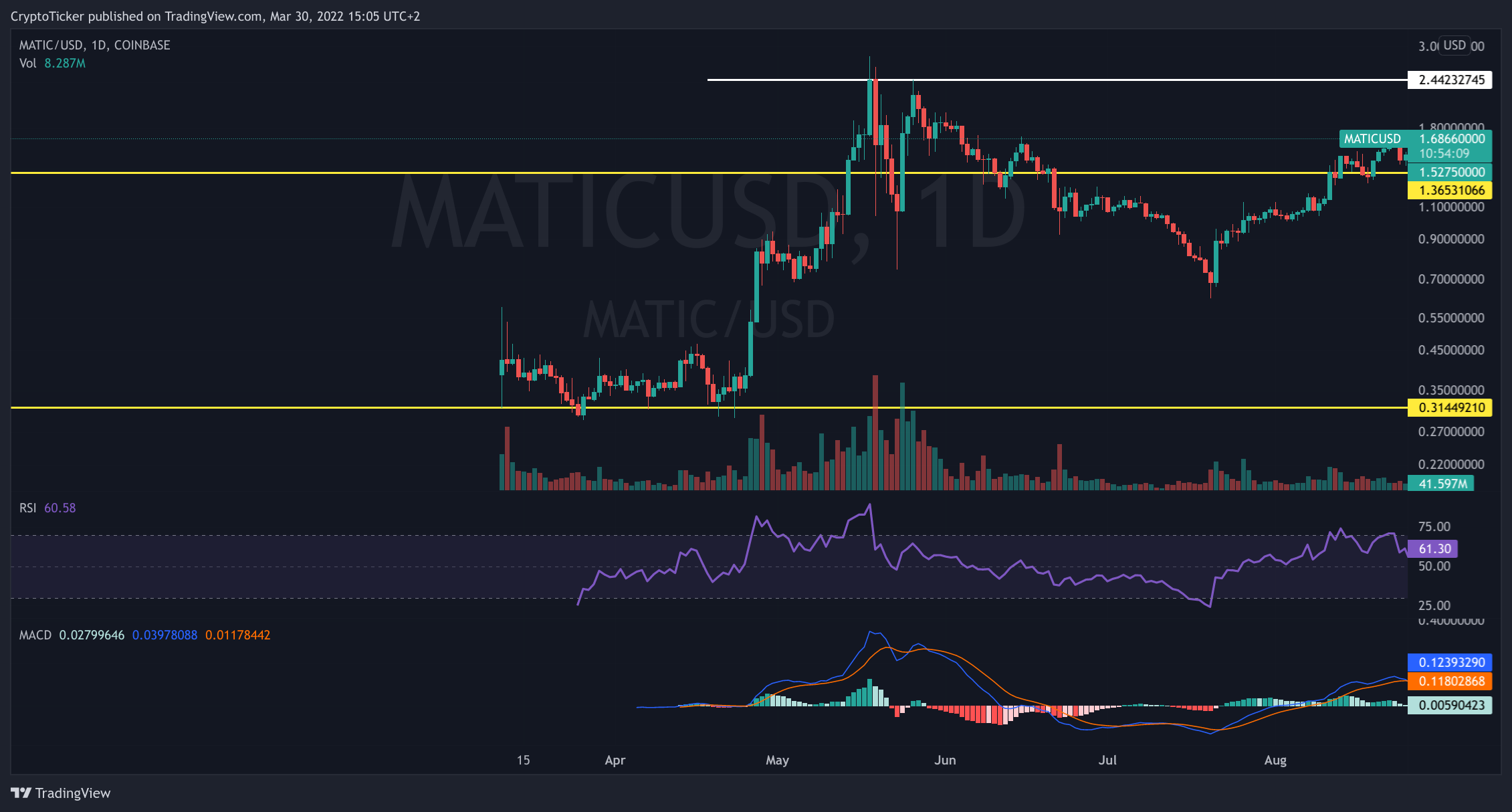 MATIC/USD 1-day chart showing MATIC soaring in valuation