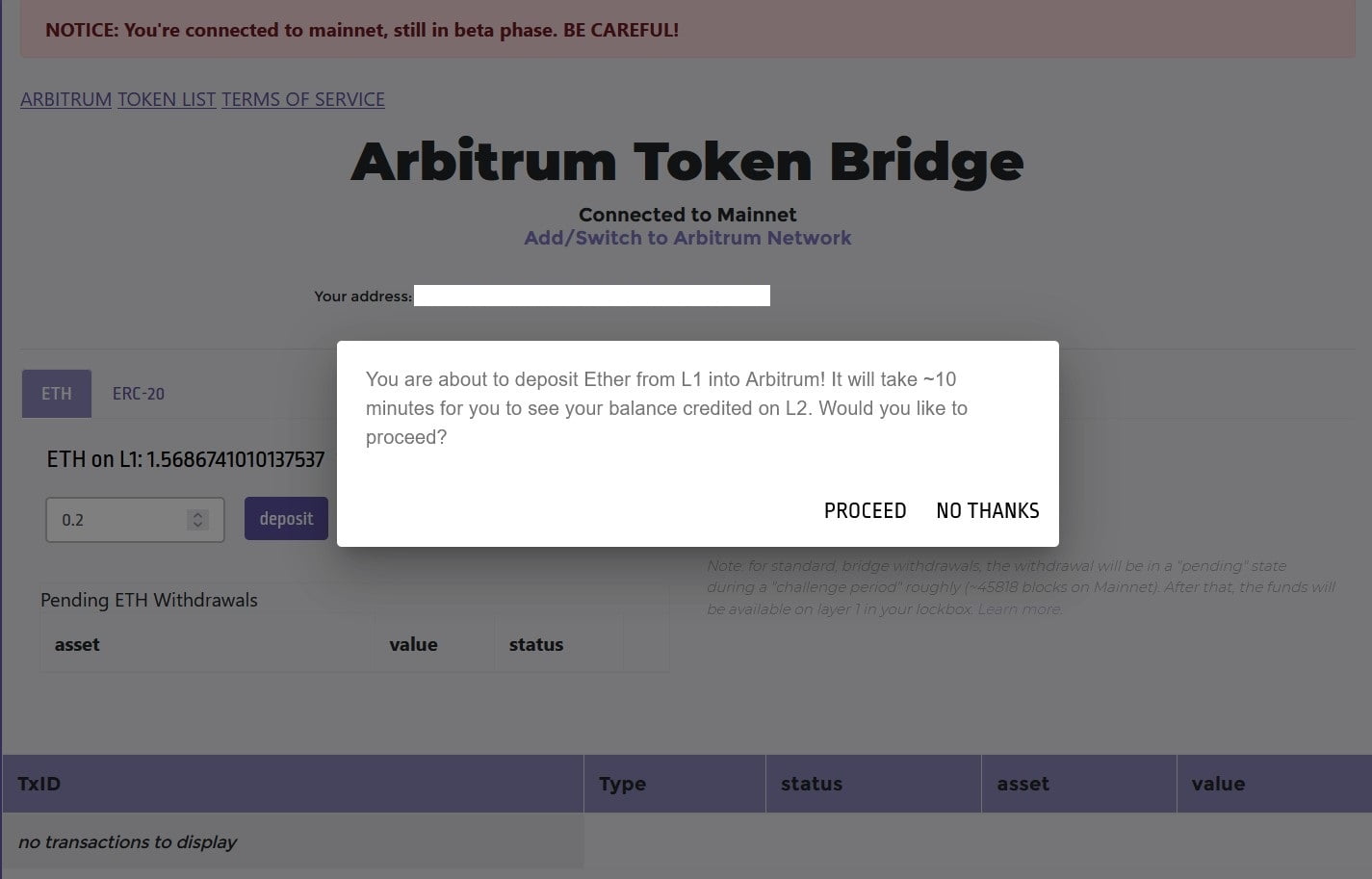 Arbitrum Bridge - Deposit Prompt 