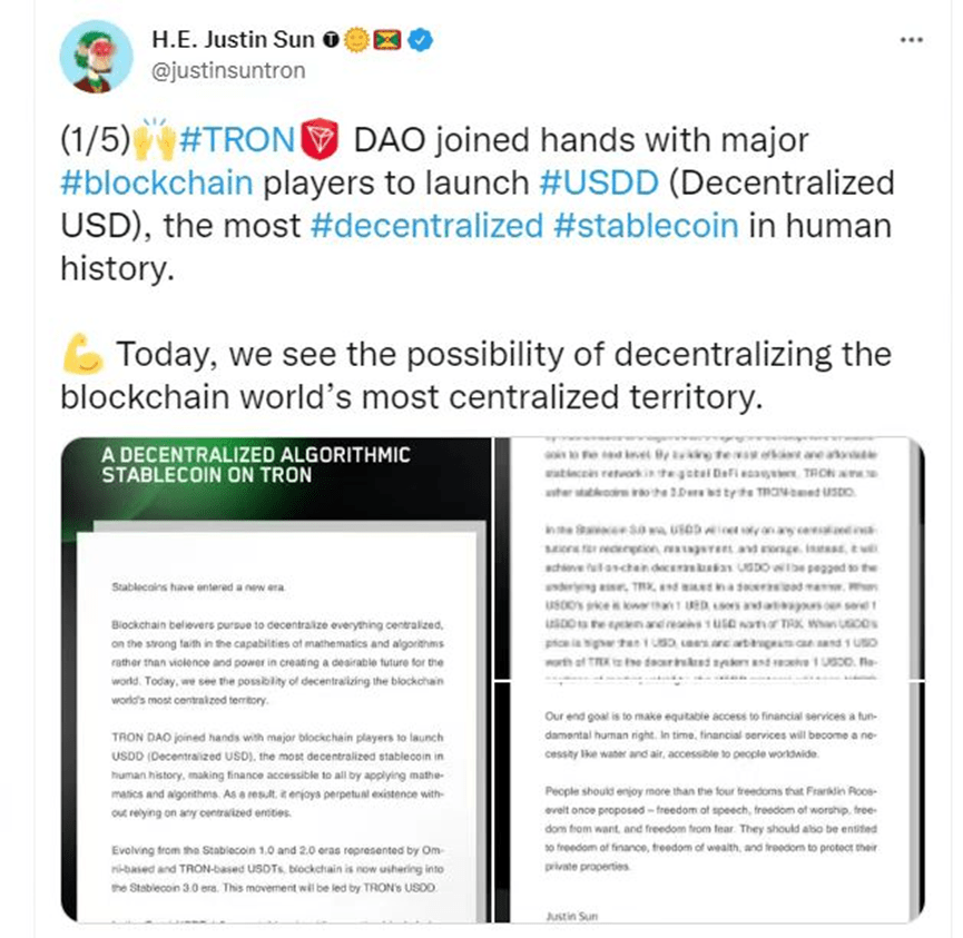TRON Founder H.E. Justin Sun Announces the Launch of USDD — A Decentralized Stablecoin 10