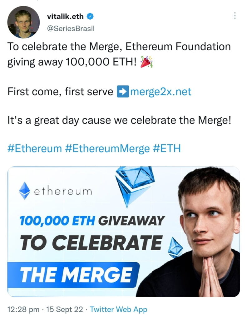 Ethereum co-founder offerings 100K ETH giveaway ahead of merge: Scam alert 3