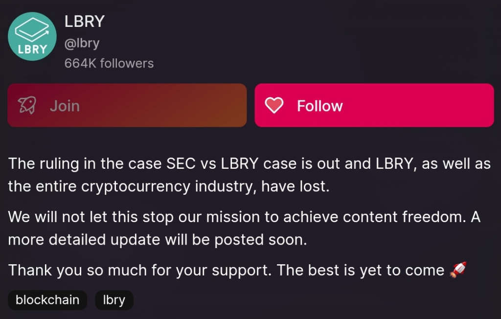 Crypto platform LBRY lost its case against SEC 4