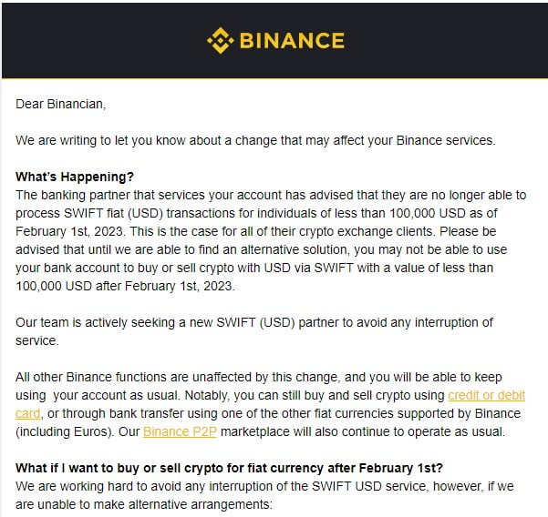 Since Feb 2023 Binance customers may face issues with on and off-ramp bank payment transfers 4