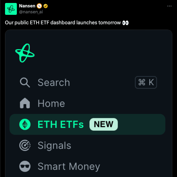 4. Nansen Launched an Ether ETF Analytics Dashboard