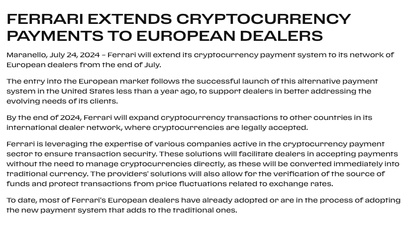 7. Ferrari Will Launch Crypto Payments in Europe