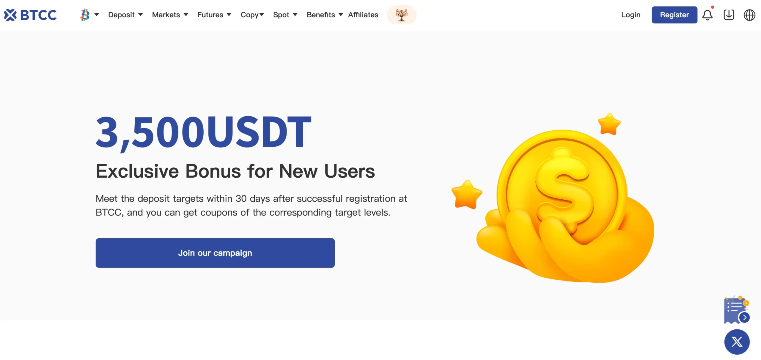 14. BTCC: 3,500 USDT Sign up Bonus