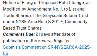 The US SEC acknowledged Grayscale's Solana 19B-4 (Solana spot ETF application). Source: SEC.gov