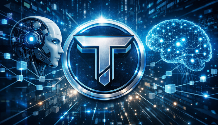 Bittensor (TAO) logo with artificial intelligence and blockchain network concept