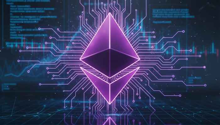 Glowing Ethereum crystal logo with digital circuit lines representing the decentralized world computer - Cryptonews24.eu