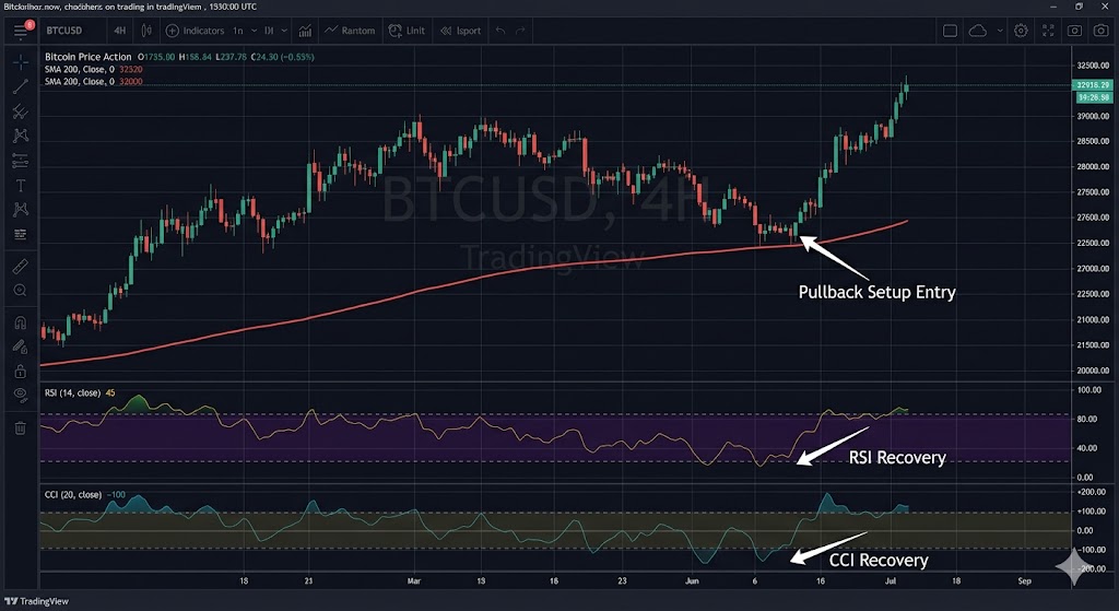 Bitcoin pullback setup using CCI, RSI and SMA200 indicators on a 4H chart
