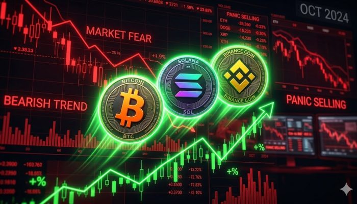 A cryptocurrency trading chart showing Bitcoin, Solana, and Binance Coin demonstrating resilience amidst extreme market fear.