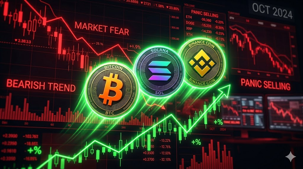 A cryptocurrency trading chart showing Bitcoin, Solana, and Binance Coin demonstrating resilience amidst extreme market fear.