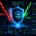 Futuristic illustration of an AI crypto trading bot filtering falling knives and executing a strong reversal buy signal.