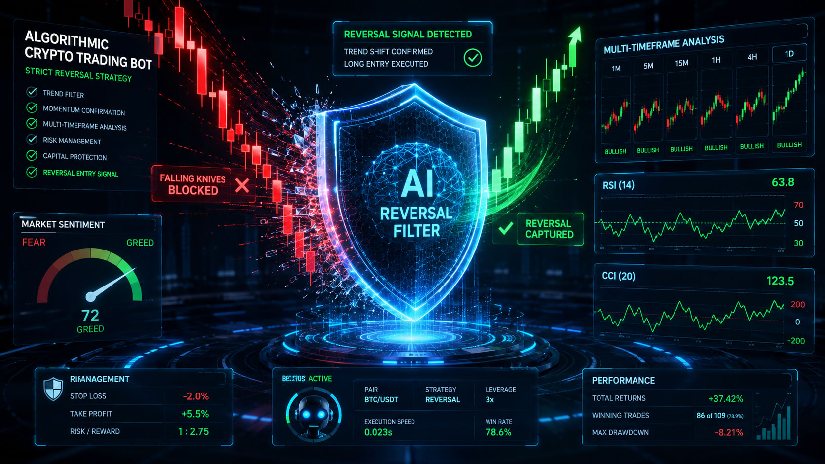 Futuristic illustration of an AI crypto trading bot filtering falling knives and executing a strong reversal buy signal.