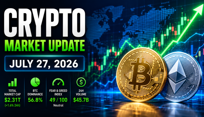 Crypto Market Update July 27 2026 showing Bitcoin above $65,000 and Ethereum leading the crypto market.