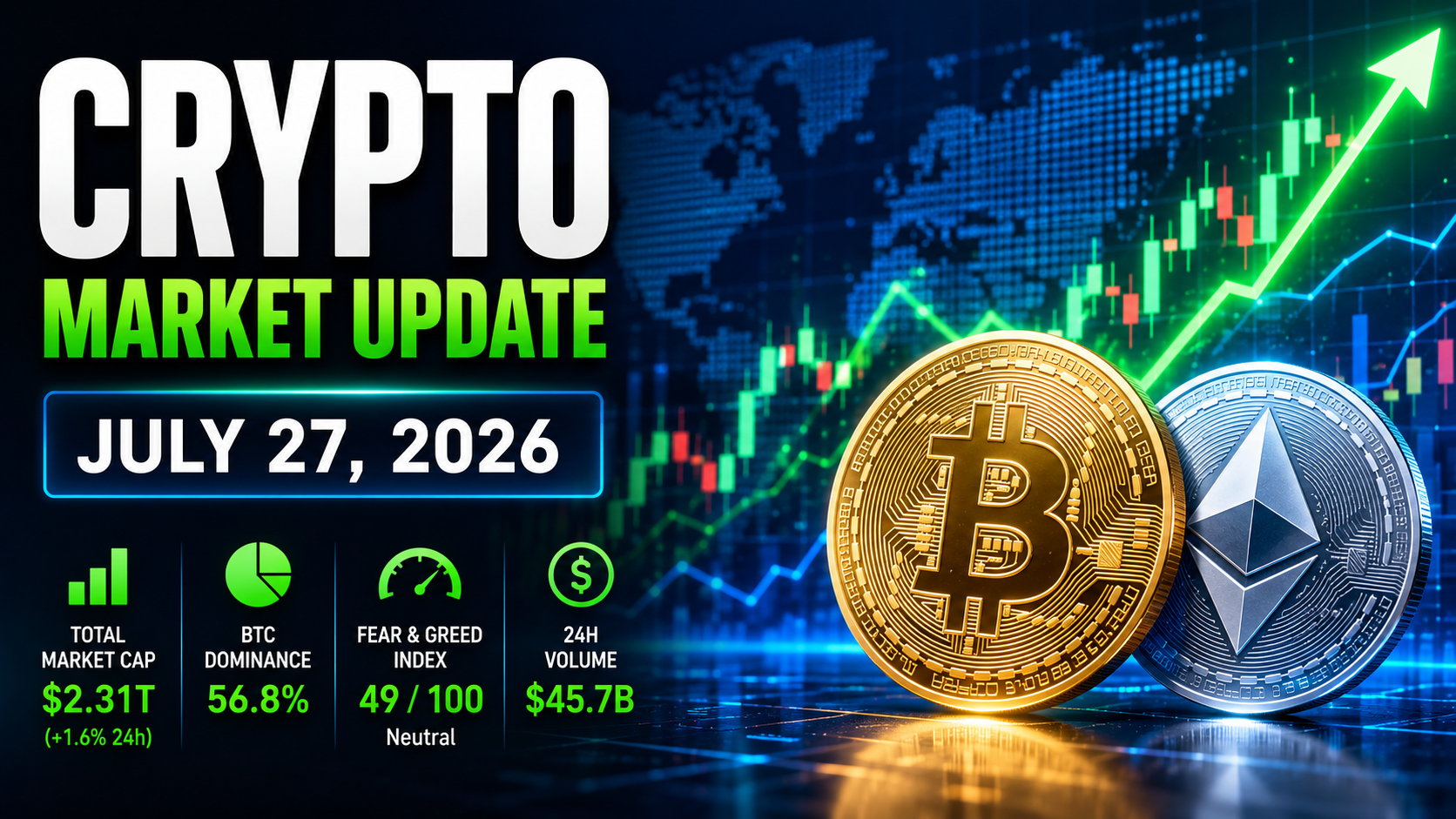 Crypto Market Update – July 27 2026 Crypto Market Update July 27 2026 showing Bitcoin above $65,000 and Ethereum leading the crypto market.