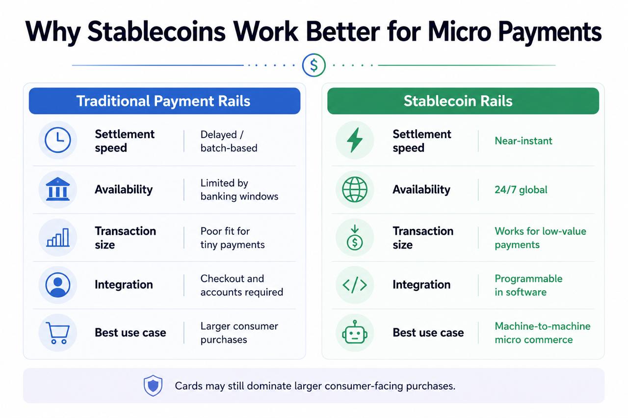 A comparative chart illustrating why stablecoins are more efficient for micro payments than traditional payment systems, highlighting advantages such as near-instant settlement, 24/7 global availability, and programmability.
