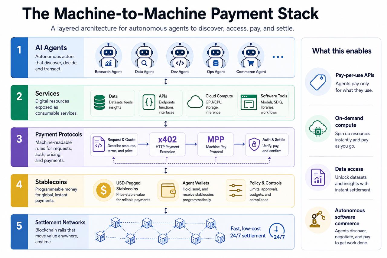 A diagram detailing "The Machine-to-Machine Payment Stack," showing a five-layered architecture, AI Agents, Services, Payment Protocols, Stablecoins, and Settlement Networks, that enables autonomous agents to discover, access, pay, and settle transactions.