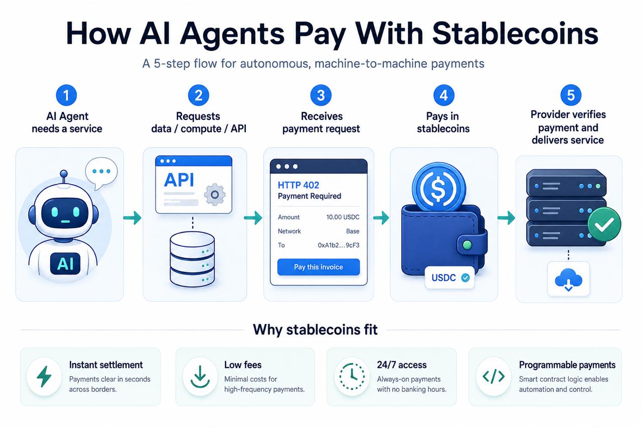 An infographic titled "How AI Agents Pay With Stablecoins" detailing a five-step flow for autonomous payments and highlighting key advantages of using stablecoins, such as instant settlement, low fees, 24/7 access, and programmability.