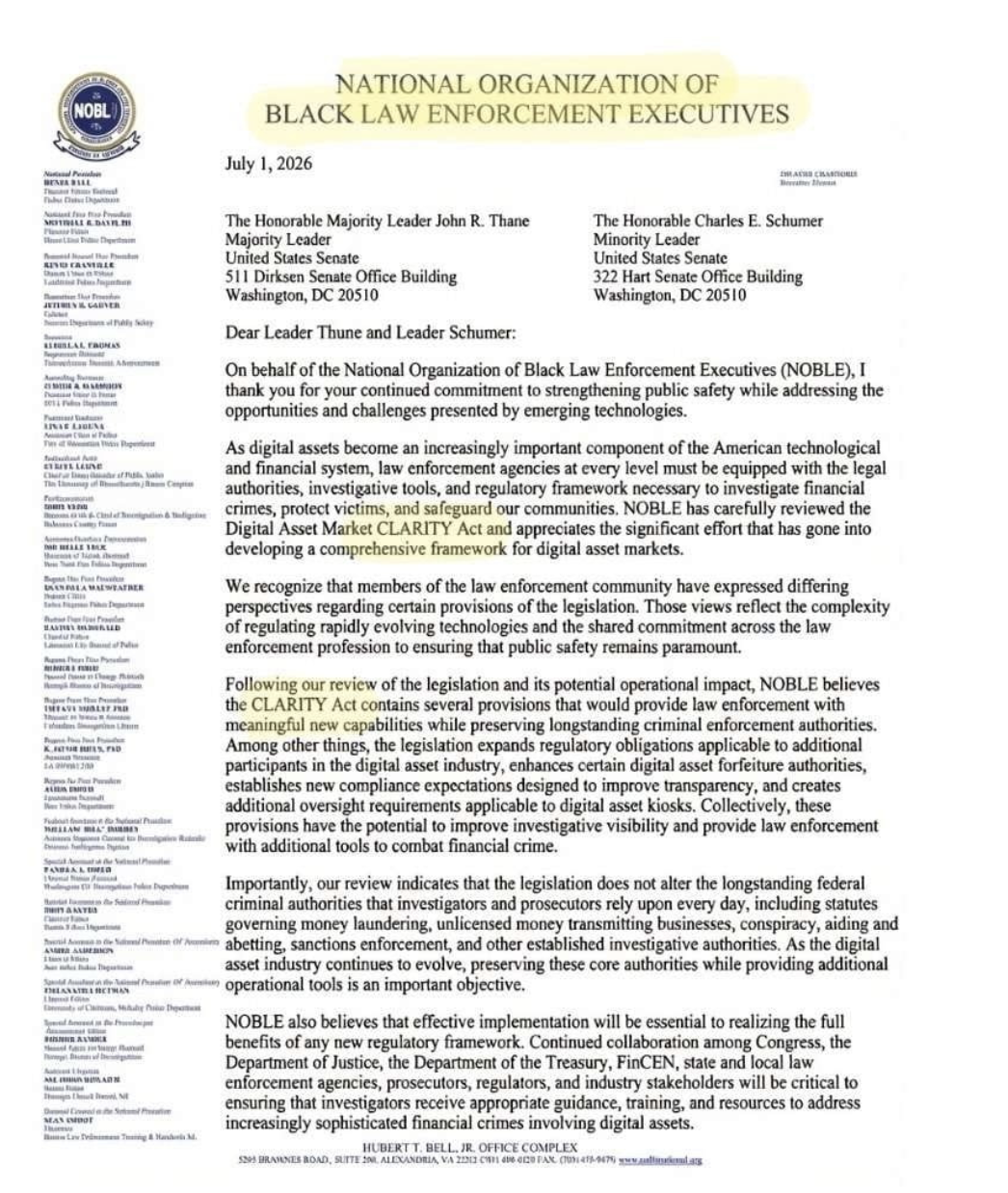A formal letter dated July 1, 2026, from the National Organization of Black Law Enforcement Executives (NOBLE) addressed to Majority Leader John R. Thune and Minority Leader Charles E. Schumer regarding the Digital Asset Market CLARITY Act.