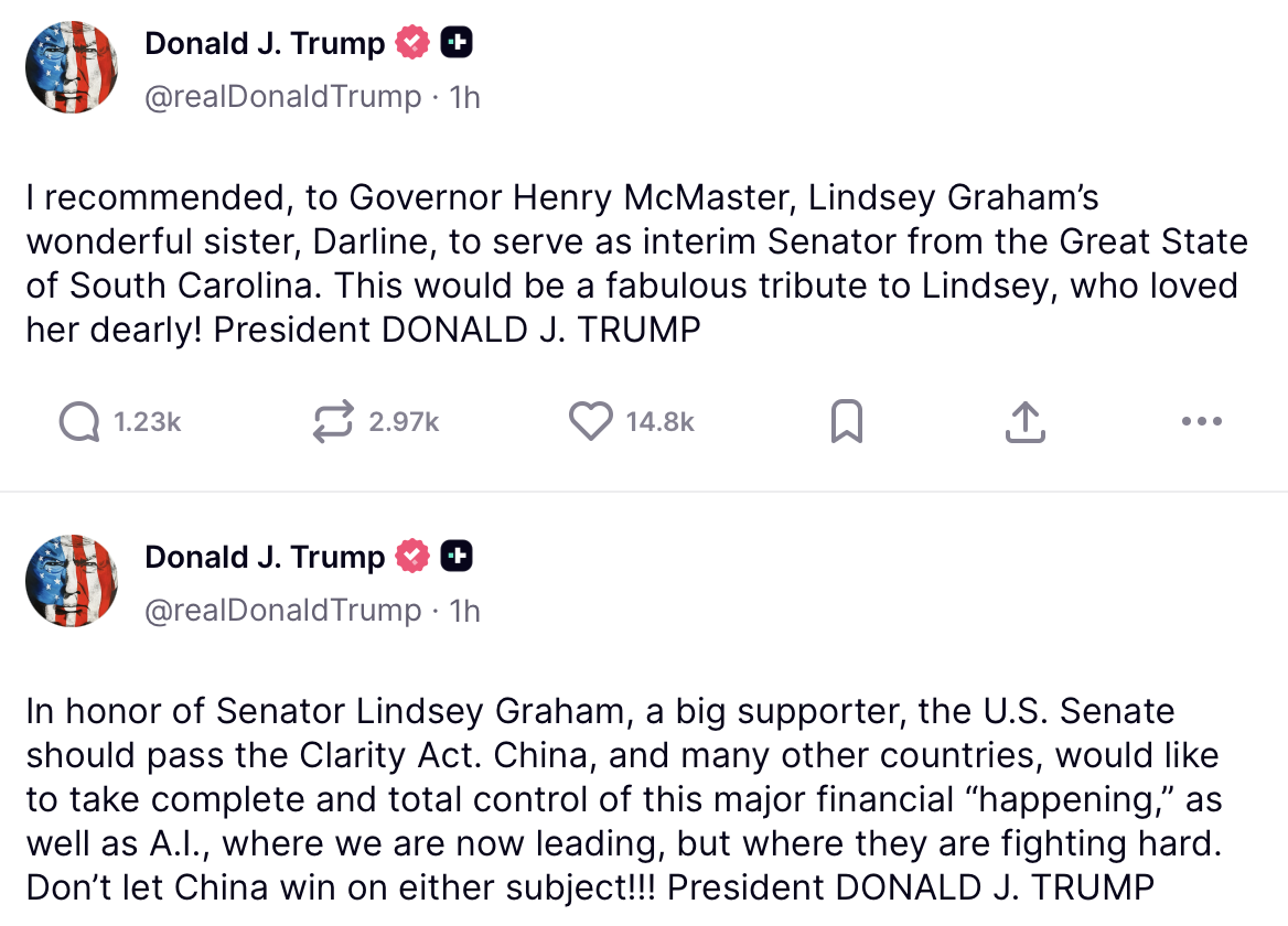 posts from the Truth Social account of Donald J. Trump, dated July 13, 2026, discussing the appointment of a senator from South Carolina and the passage of the Clarity Act.