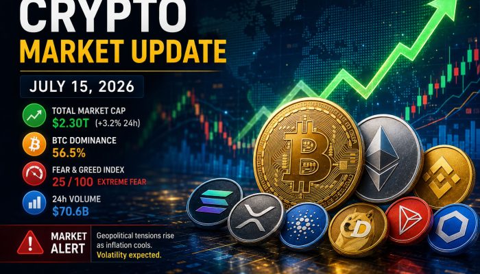 Crypto market update July 15 2026 — Bitcoin price chart above $65,500 with top 10 coin icons