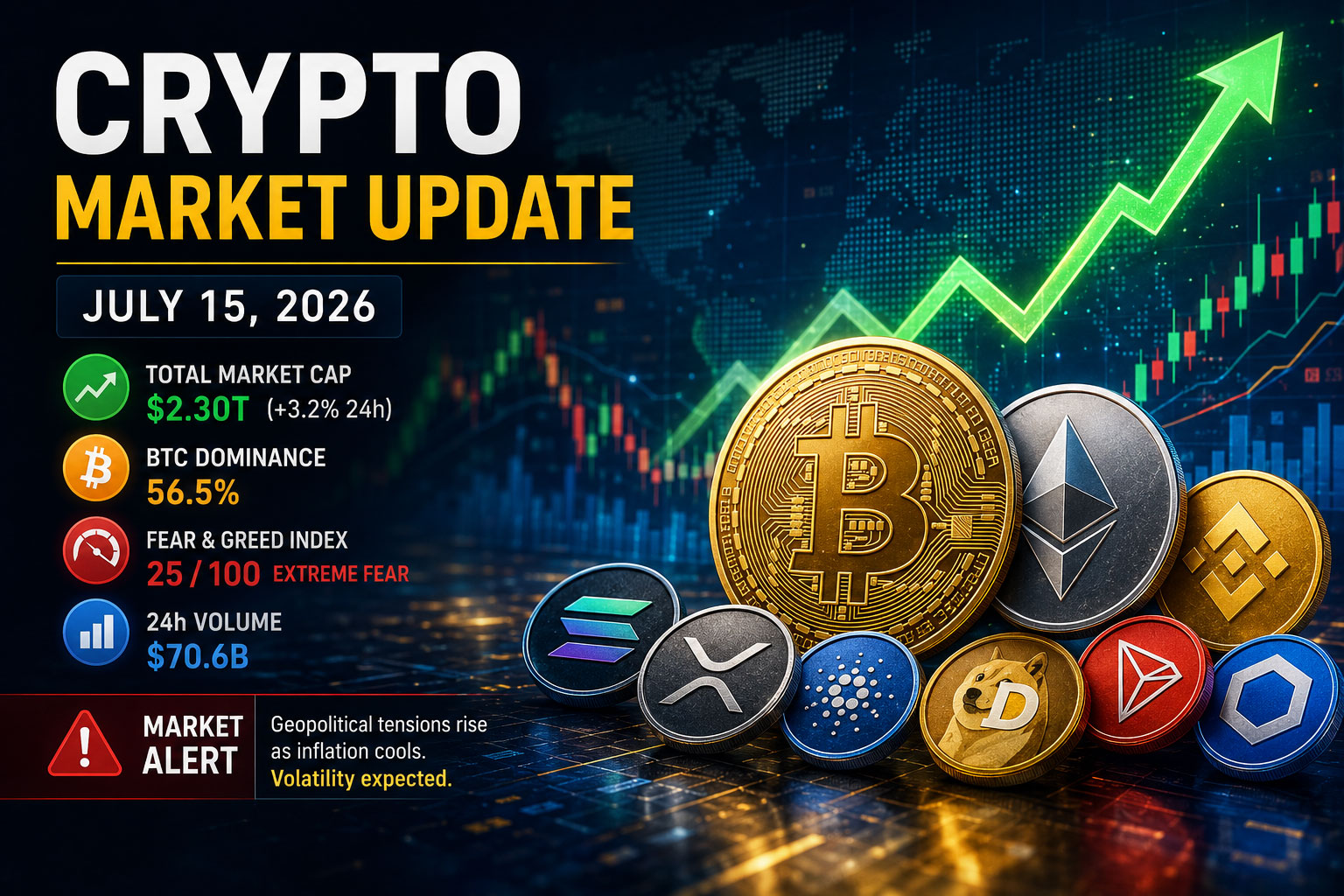 Crypto market update July 15 2026 — Bitcoin price chart above $65,500 with top 10 coin icons