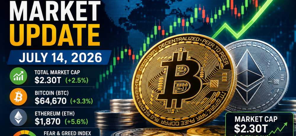 Crypto market update July 14 2026 — Bitcoin price chart above $64,000 with top 10 coin icons