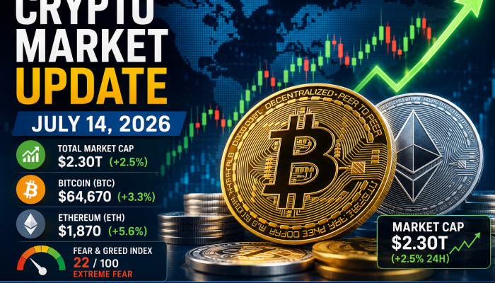 fe983d8e-10a8-48bd-8e86-44b3193650da Crypto market update July 14 2026 — Bitcoin price chart above $64,000 with top 10 coin icons