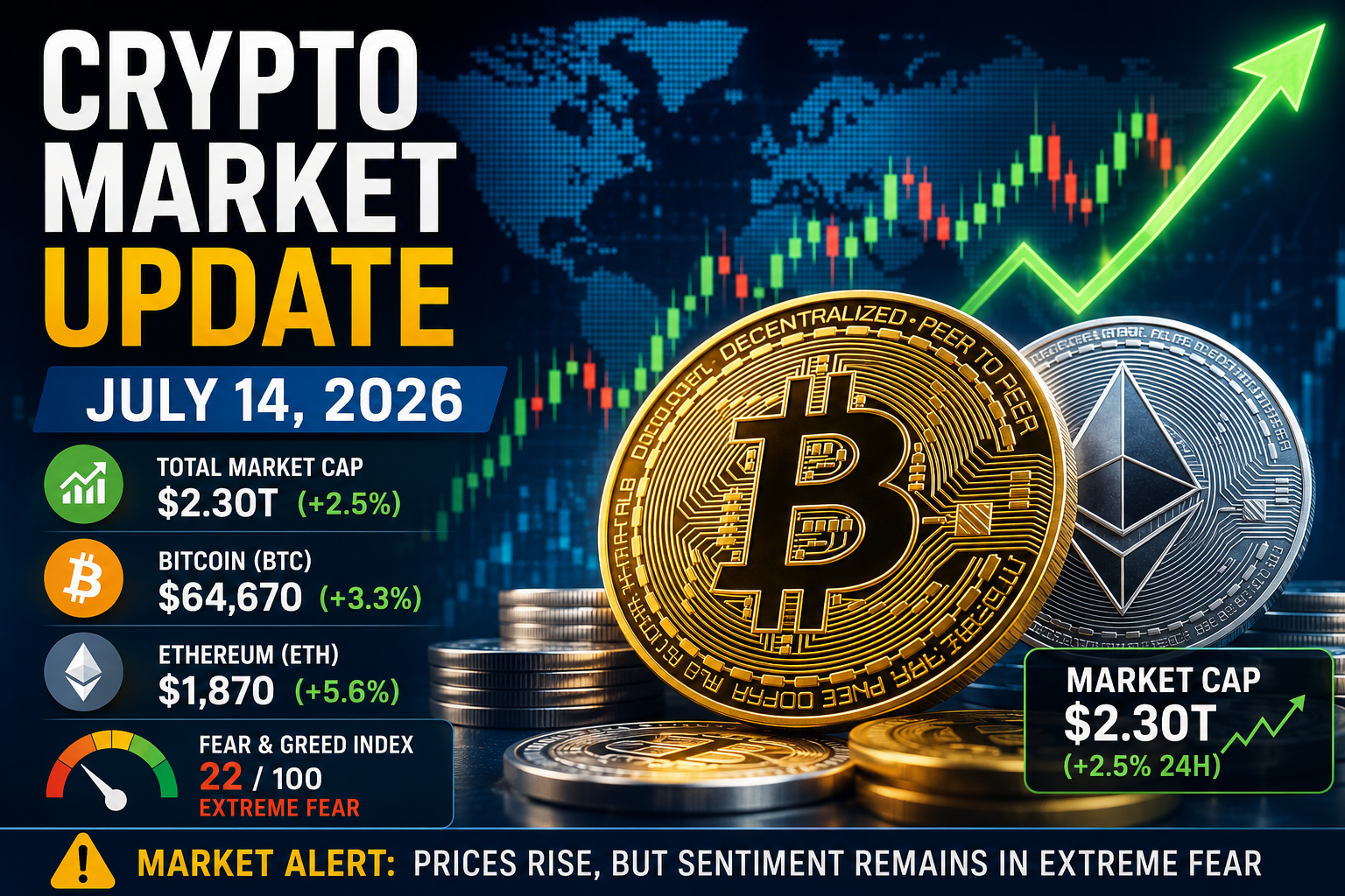 Crypto market update July 14 2026 — Bitcoin price chart above $64,000 with top 10 coin icons