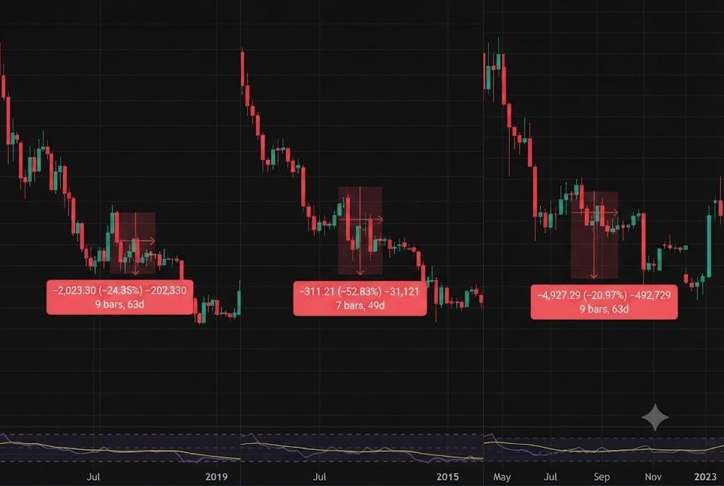 A composite image of three TradingView candlestick charts for Bitcoin/USD, displayed side-by-side. Each chart highlights a significant historical price drawdown with red data overlays showing percentage declines and durations (24.35% over 63d, 52.83% over 49d, and 20.97% over 63d).