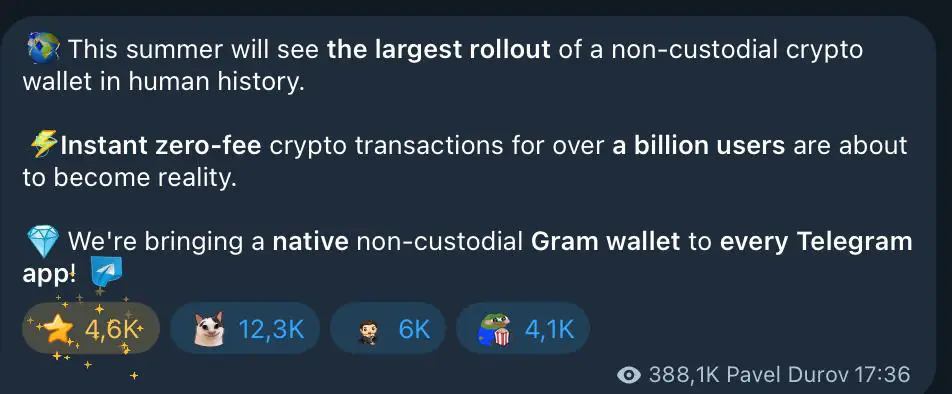 A Telegram message screenshot from Pavel Durov detailing the upcoming rollout of a non-custodial crypto wallet and zero-fee transactions for Telegram users.