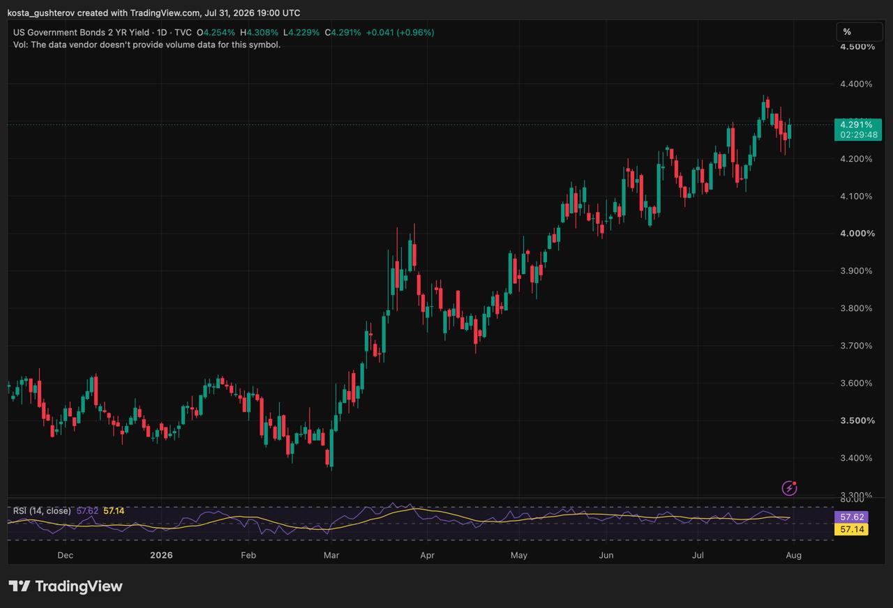 A daily technical TradingView chart for US Government Bonds 2-Year Yield, dated July 31, 2026, showing a yield of 4.291% with an RSI indicator.