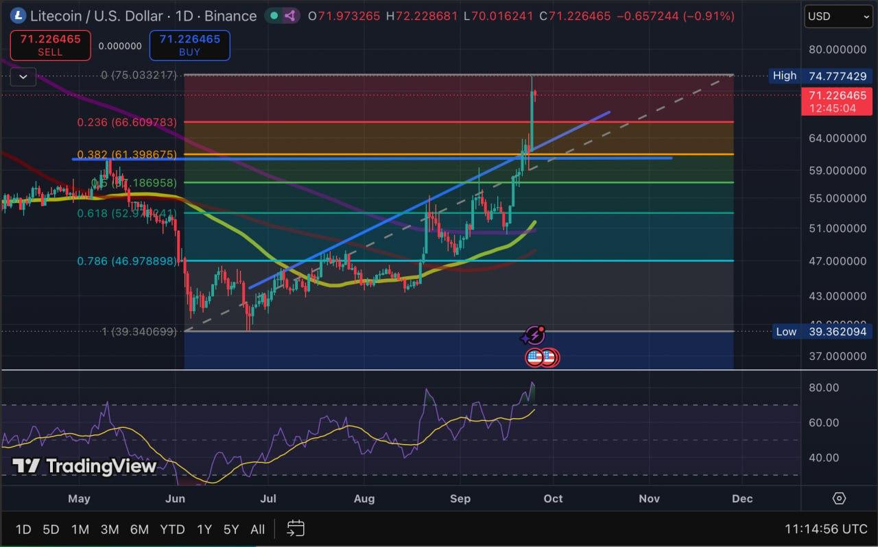 TradingView technical chart displaying Litecoin (LTC/USD) daily price action, Fibonacci retracement levels, and moving average resistance tests
