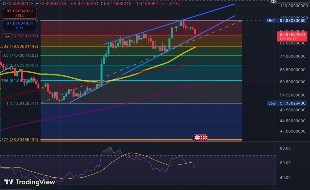 HYPE/USD daily chart showing price near the $87-$88 support zone, where the 23.6% Fibonacci retracement, a former all-time-high area and rising diagonal support converge; the 38.2% Fibonacci retracement and 50-day SMA sit near $80.